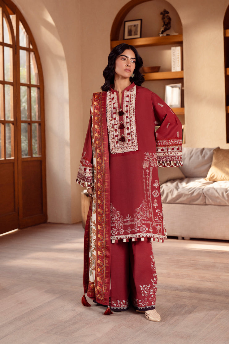 3 Piece - Printed & Embroidered Khaddar Suit - AU-05