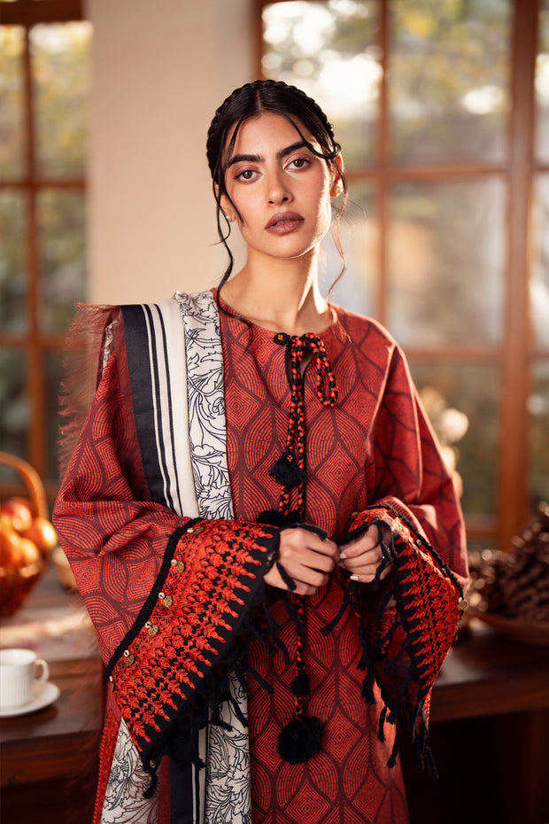 3 Piece - Printed & Embroidered Khaddar Suit - AU-08