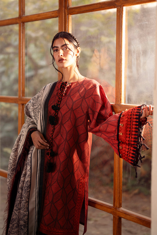 3 Piece - Printed & Embroidered Khaddar Suit - AU-08